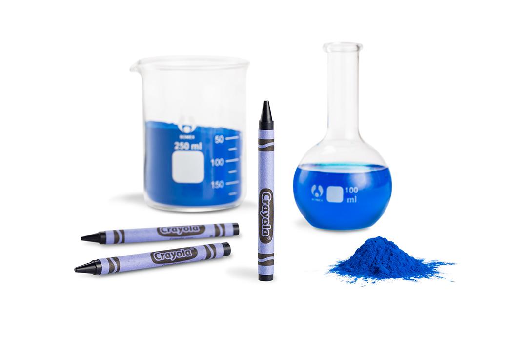 YInMn blue crayons with blue beakers and pigment
