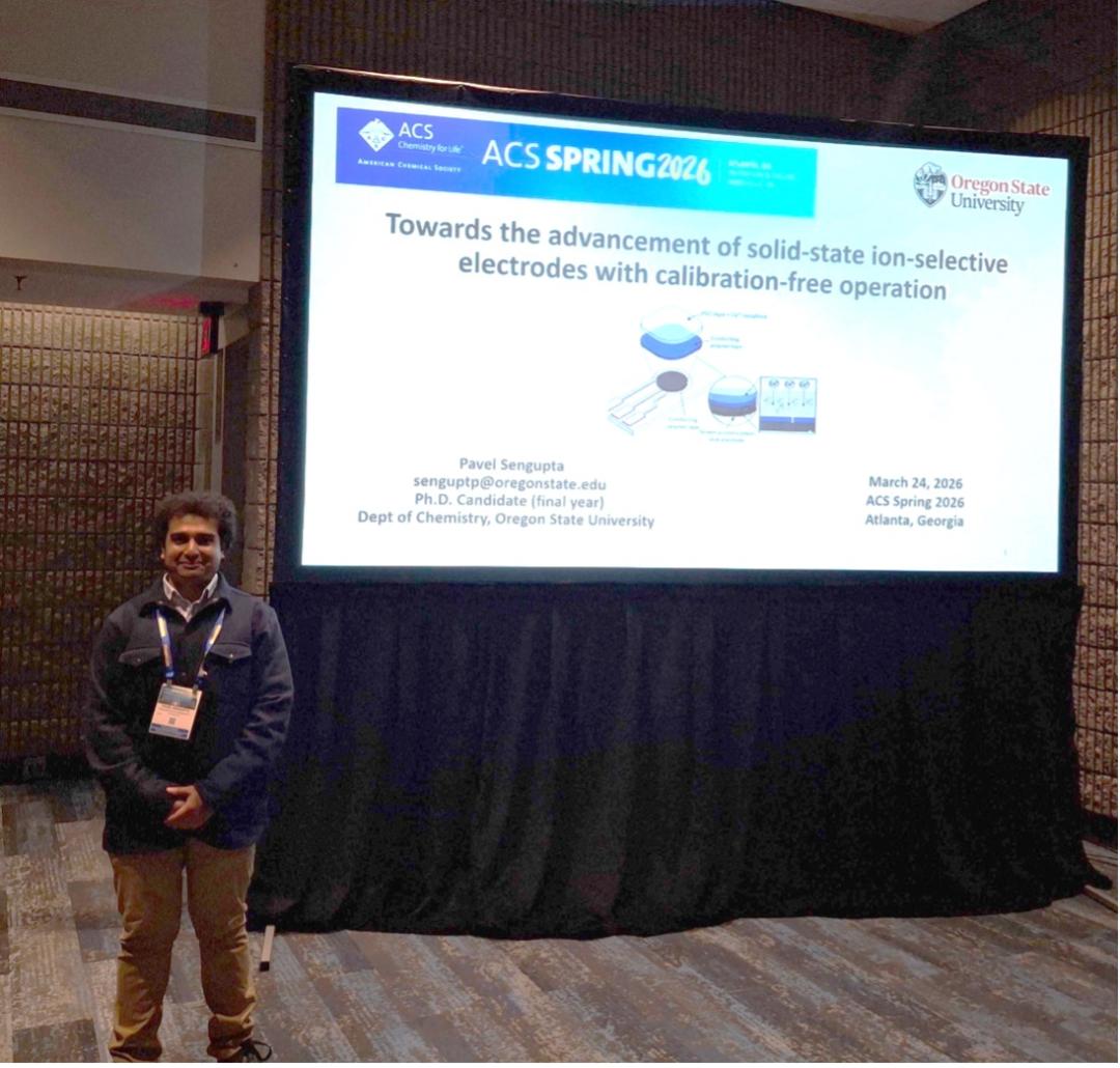 Pavel Sengupta with his ACS Spring 2026 presentation "Towards the advancement of solid-state ion-selective electrodes with calibration-free operation".