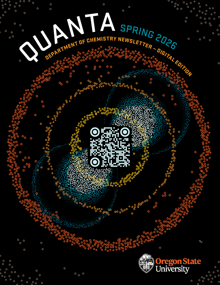 Artistic rendition of atomic orbitals in different colors with Quanta: Spring 2026, Chemistry Newsletter, Oregon State University overlaid