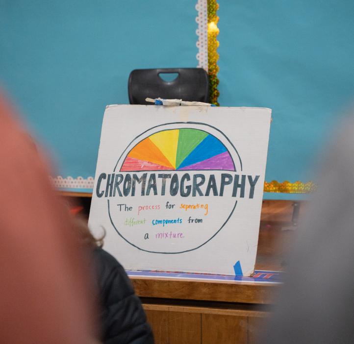 A hand-drawn sign says "Chromography." It has a color wheel on it.