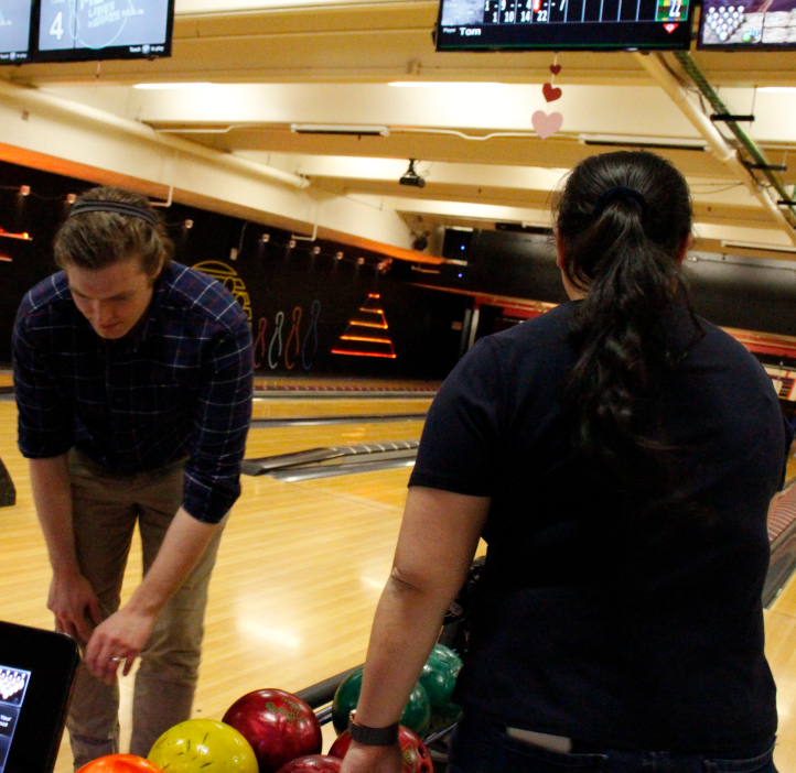 Tom Osborn-Popp and Jie Zhang getting ready to bowl.
